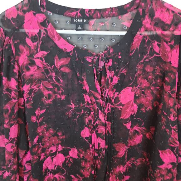 Torrid Womens 3X Black Pink Floral Sheer Chiffon Clip Dot Button-Front Blouse - Picture 2 of 9